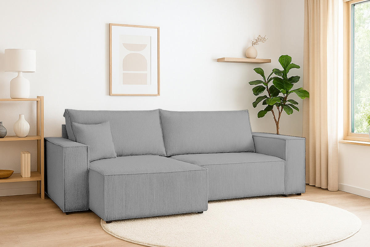 ECKSOFA MATT 255/153 cm links in Cord Hellgrau - Hellgrau/Schwarz, Holz/Holzwerkstoff (255/153cm) - Deine Möbel 24