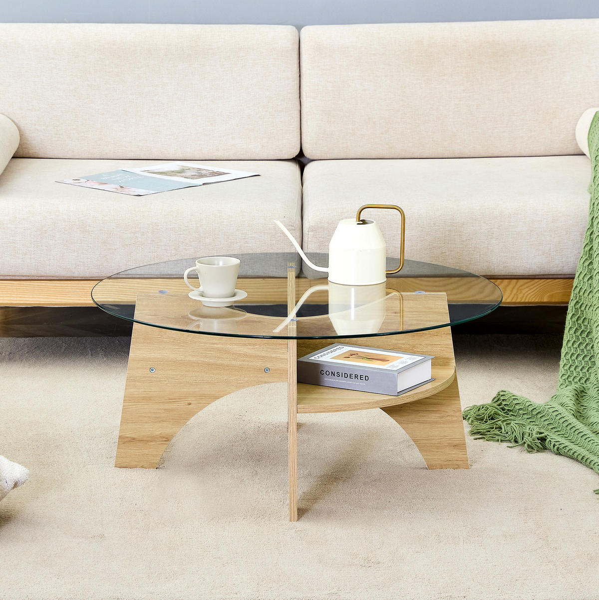 COUCHTISCH aus Glas und MDF Ø80x36 cm in Naturholz - Naturfarben, Glas (80/80/36cm) - Modfu