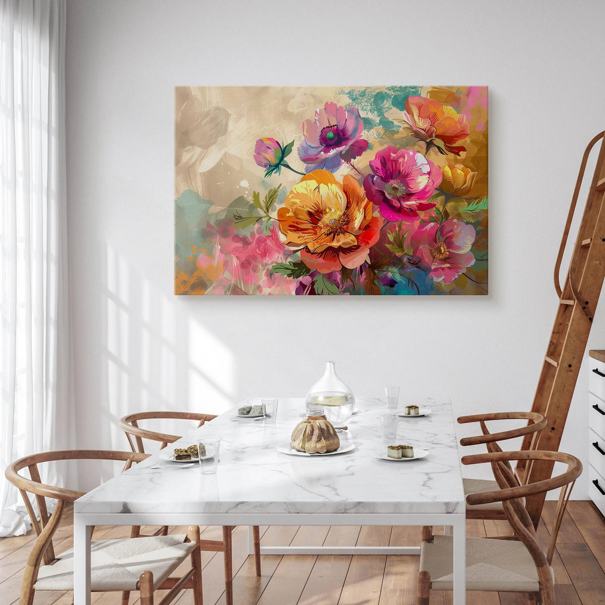 LEINWANDBILD für Wohnzimmer bunte Blumen Blätter Natur 120cm x 80cm - Blau/Beige, Textil (120/80cm) - Muralo