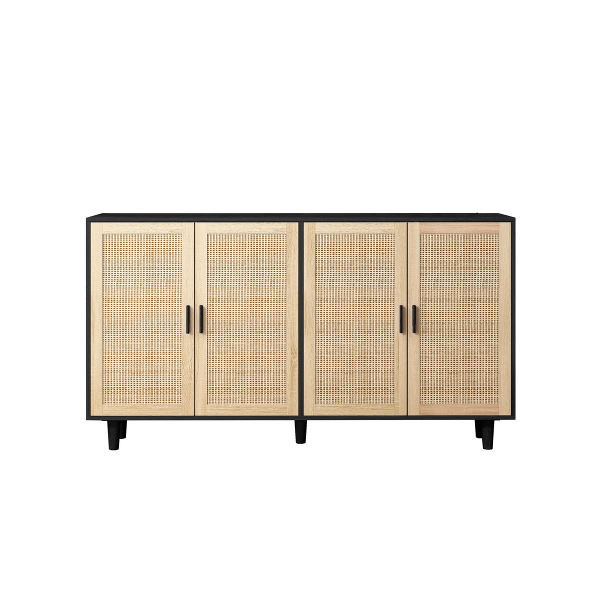 SIDEBOARD 158/40/88 cm in Schwarz mit 4 Rattantüren und verstellbarem Einlegeboden - Schwarz, Holzwerkstoff (158/88/40cm) - Flora Grace