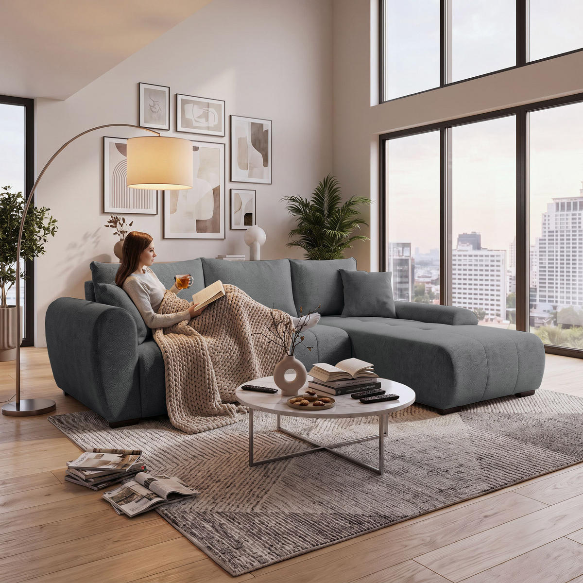 ECKSCHLAFSOFA Dallas mit Bettkasten, 255 cm, Dunkelgrau, rechts, Velour-Stoff - Dunkelgrau, Textil (255/175cm) - Beautysofa