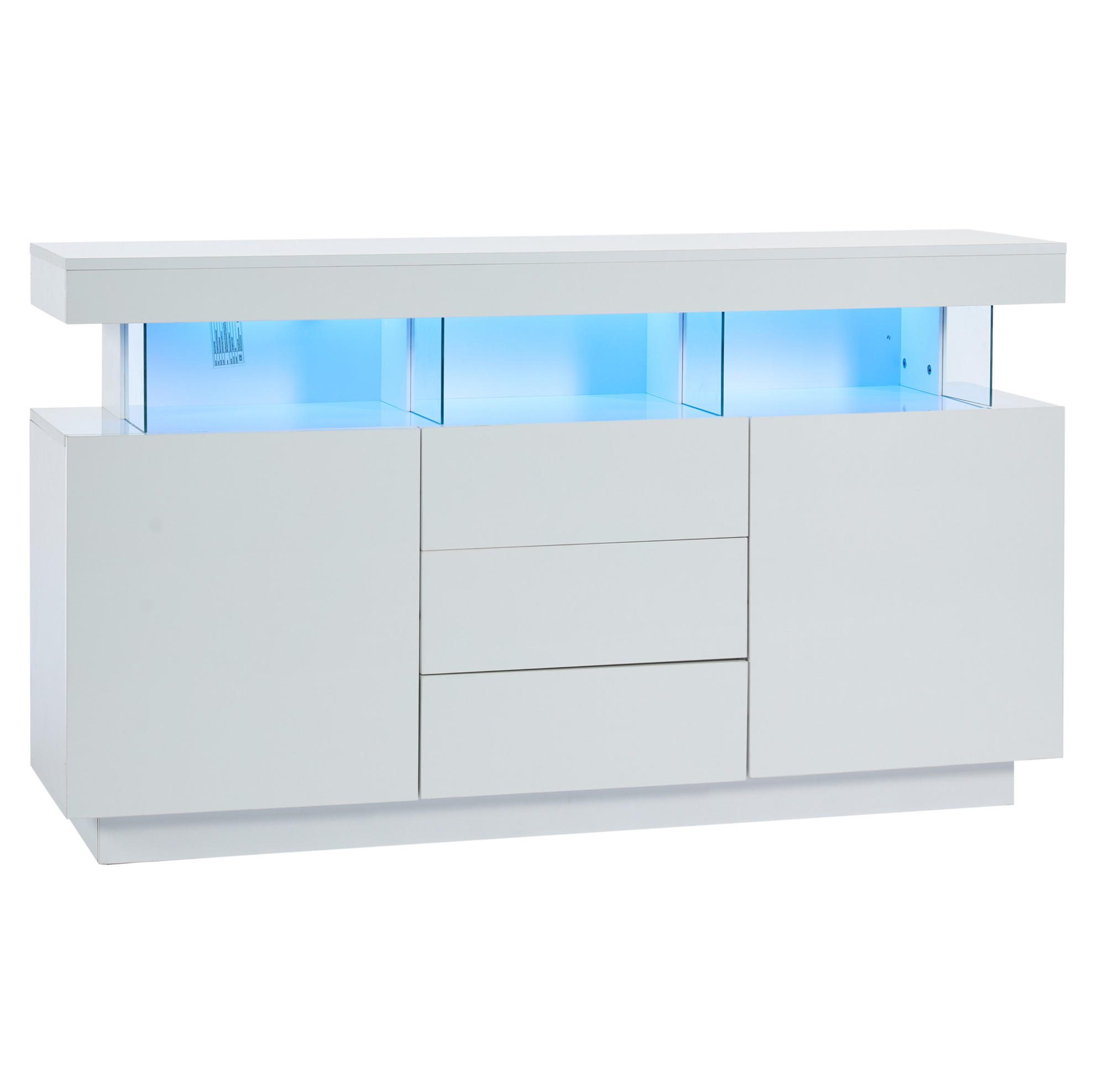 Modfu KOMODA z dřevotřísky a akrylu 140x35x80 cm bílá s LED osvětlením, 3 zásuvkami a 2 skříňkami ve vysokém lesku