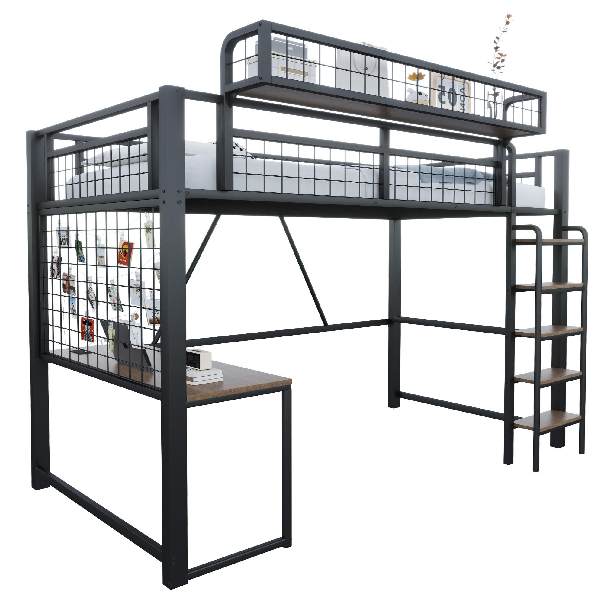 HOCHBETT 90/200 cm in Schwarz mit Schreibtisch, Ablagekorb, LED und Steckdose Metall-Design - Schwarz, Holzwerkstoff/Metall (90/200cm) - STILVORA