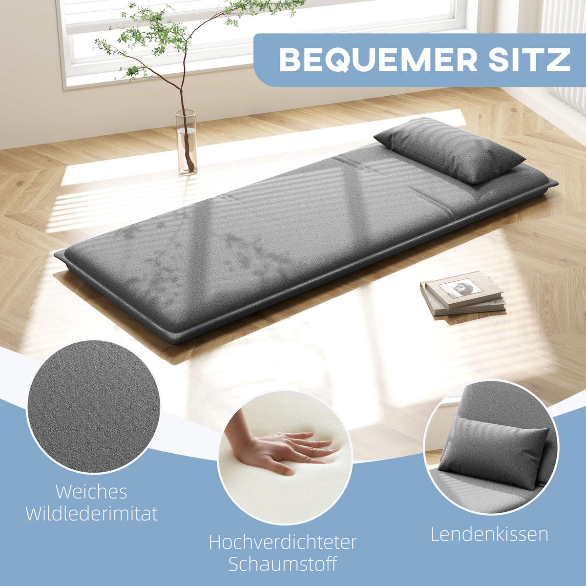 BODENSOFA 3-in-1 Klappbar Schlafsofa, Gepolstert Sofabett mit Schlaffunktion - Dunkelgrau, Textil/Metall (81/68/75cm) - HOMCOM