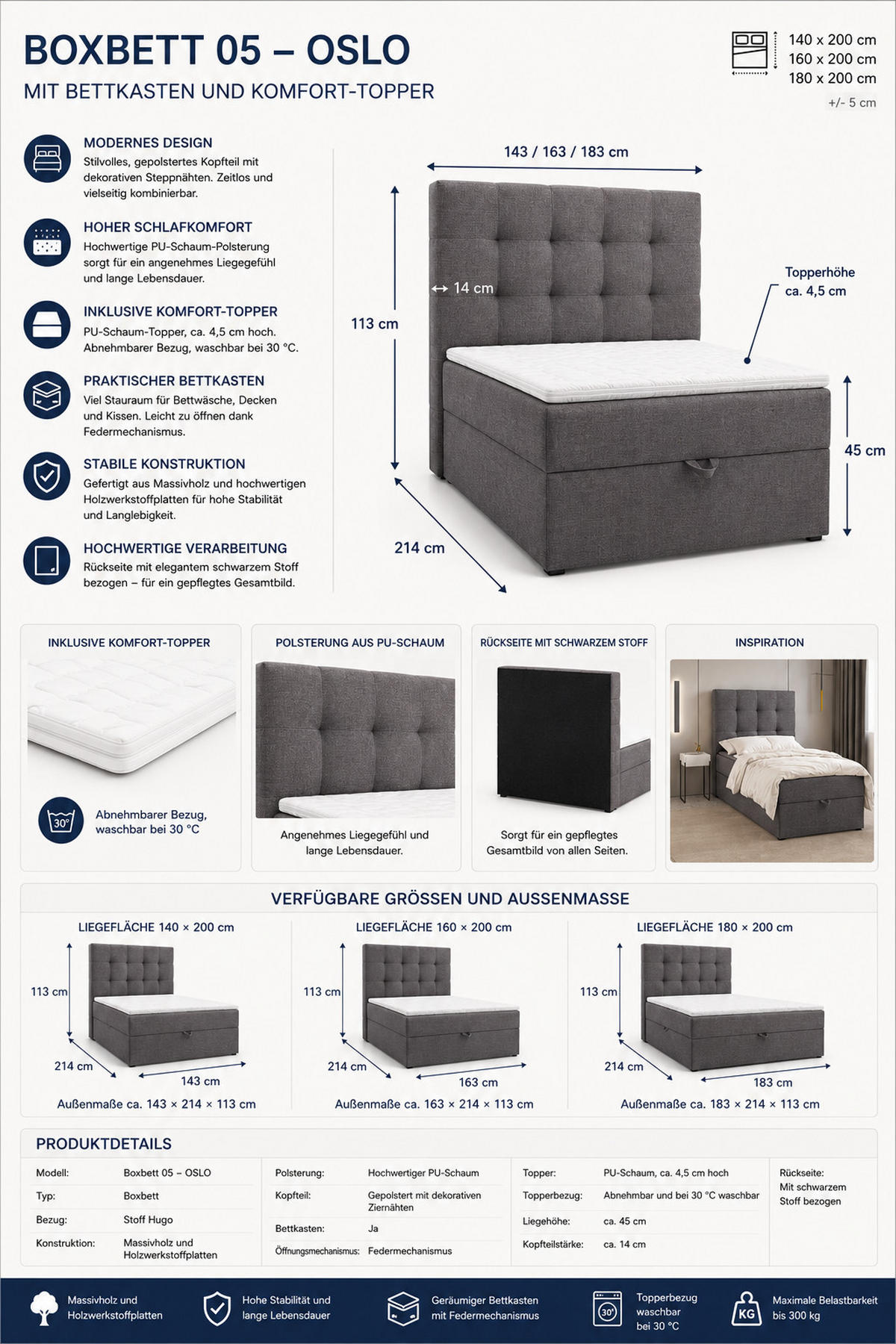 BOXBETT - Bett 05 OSLO - Hugo - 140x200 cm - mit Bettkasten und Waschbarem Topper - Schwarz, Holz (140/200cm) - ROYAL24_MARKT