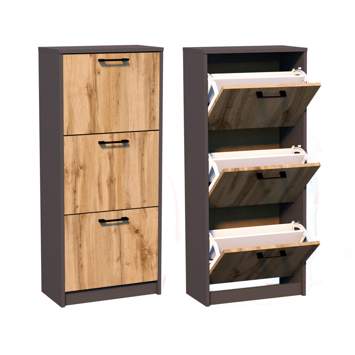 SCHUHSCHRANK mit 3 Fächern in Graphit-Eiche - Eichefarben/Graphitfarben, Holzwerkstoff (50/116/28cm) - Home Collective