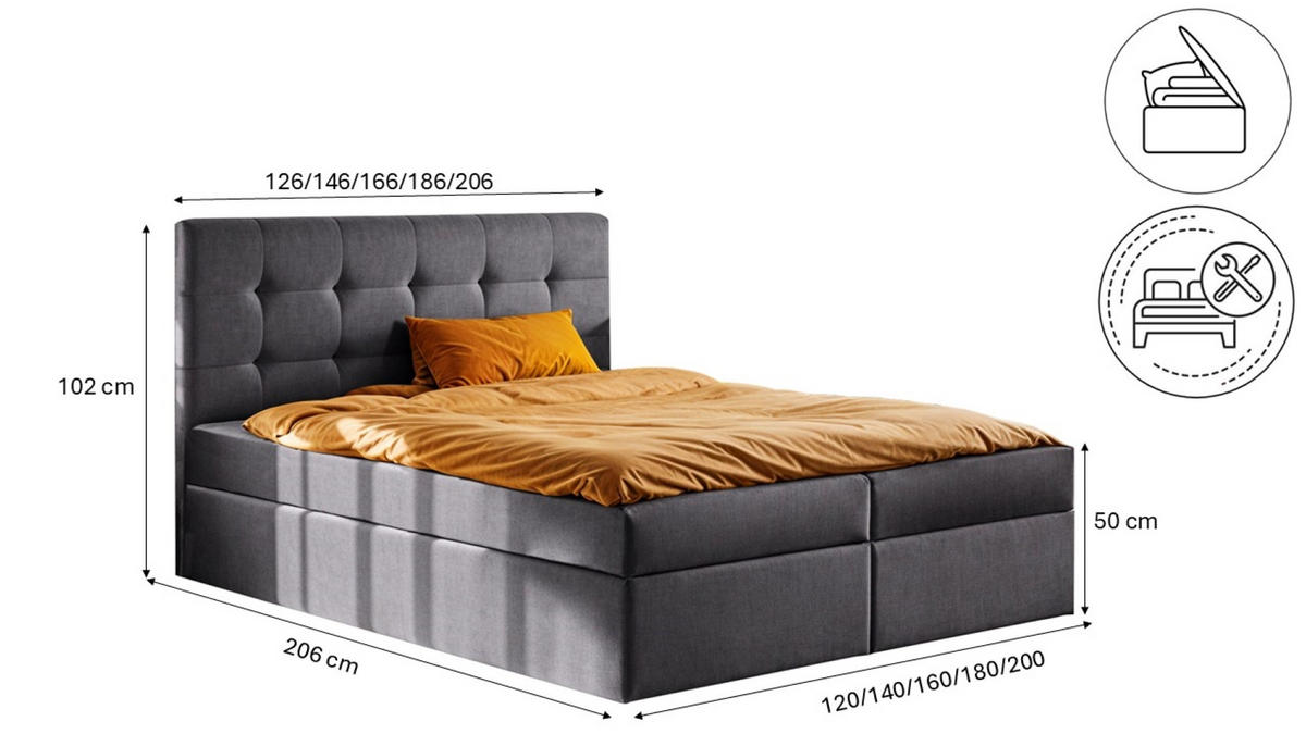 BOXBETT Mit Matratze Und Bettkasten LUDANO Stoff Noel Dunkelgrau 140x200 cm H3-Bonell - Dunkelgrau, Holz (140/200cm) - Kaiser Möbel