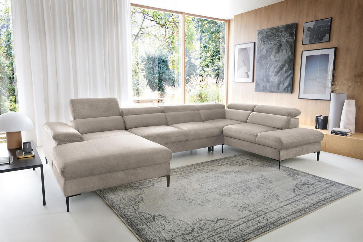 ECKSOFA U-Form 350 cm Amaro M mit Schlaffunktion, Links, Beige - Beige, Holz (214/353cm) - Emporius
