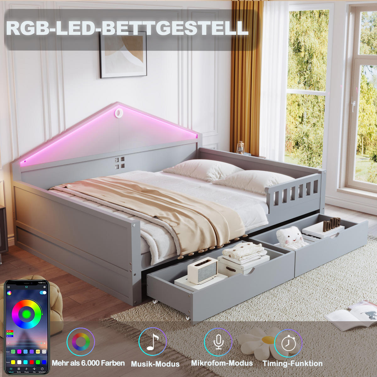 BETT 140/200 cm in Grau aus Massivholz und MDF mit Schubladen und LED - Grau, Holz/Holzwerkstoff (140/200cm) - WISHDOR