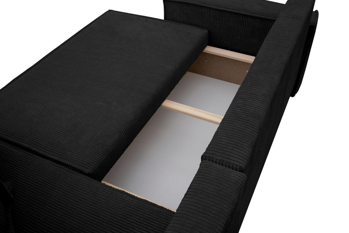 ECKSOFA Hugo L in L-Form mit Schlaffunktion und Bettkasten, Farbe: Schwarz, Cordstoff, Ottomane Unsiversal - Schwarz, Textil (244/145cm) - VENASI MÖBEL