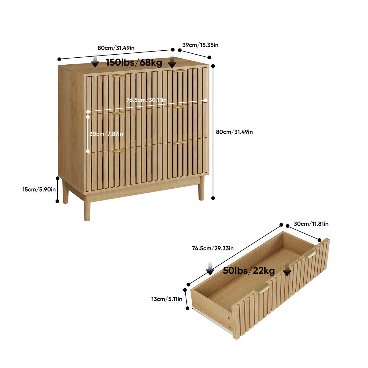 SIDEBOARD eichen-optik & latten-design mit 3 schubladen & goldgriffen - Eichefarben, Holzwerkstoff (80/80/39cm) - Urban Meuble