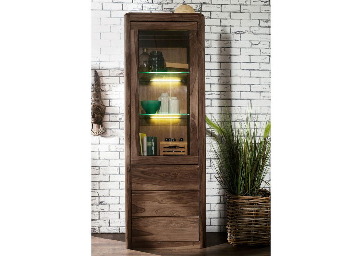 VITRINE Sheesham 70x40x202 rot-braun gebeizt TORONTO #110 - Dunkelbraun, Holz (70/202/40cm) - Massivmoebel24