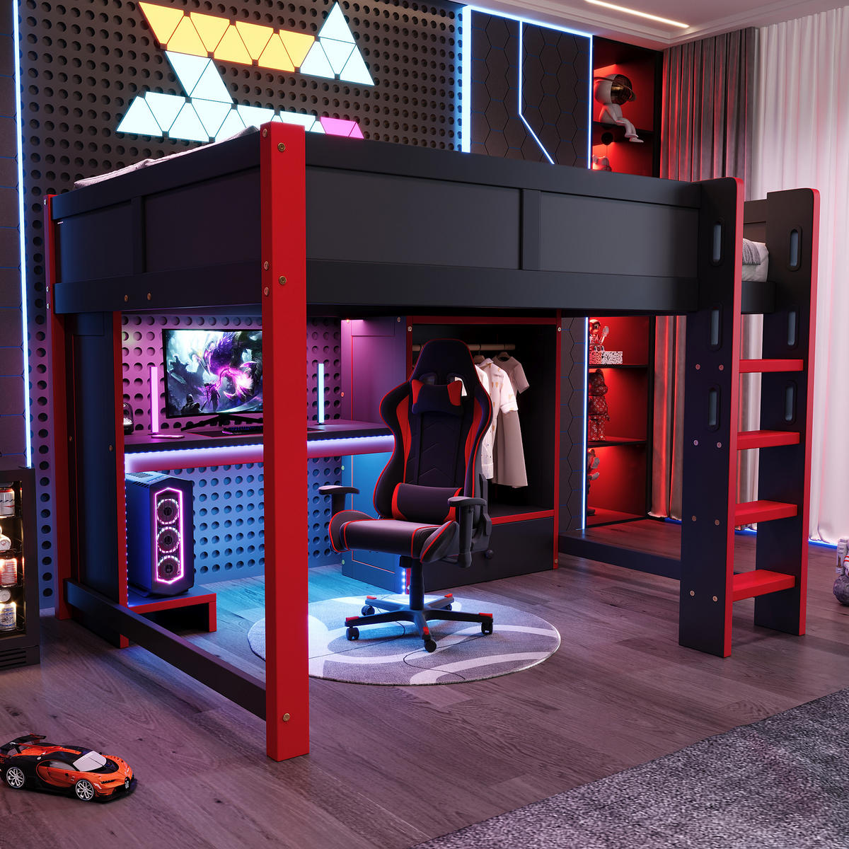 HOCHBETT aus Kiefernholz 140x200 cm in Schwarz-Rot mit LED & Schreibtisch - Schwarz, Holz (140/200cm) - Modfu