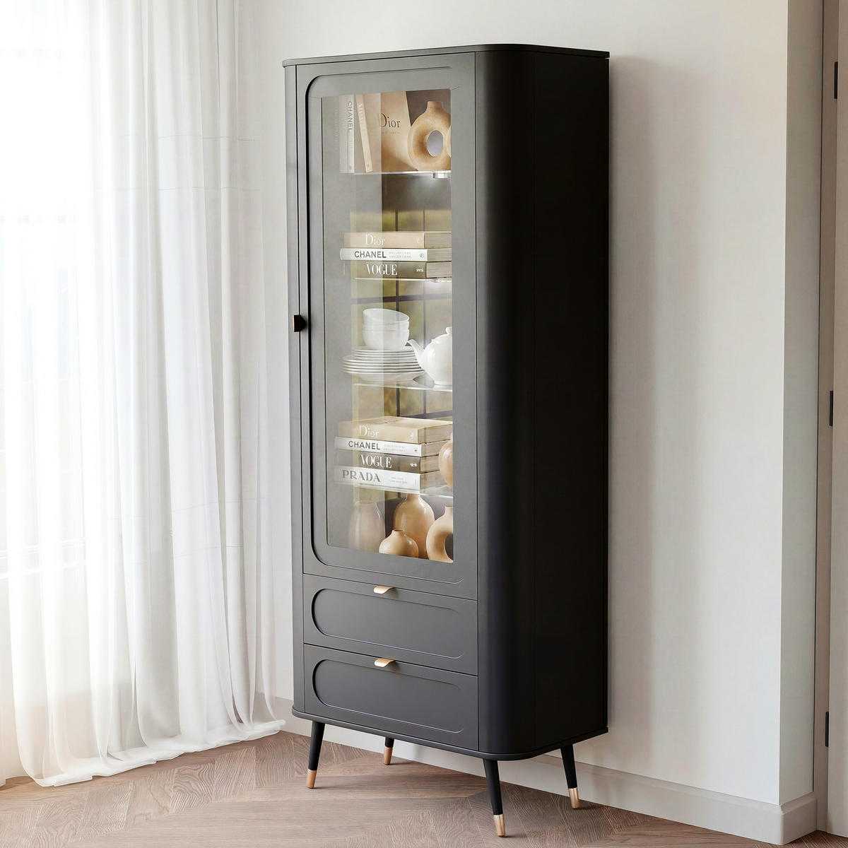 VITRINE NOIR 78 cm mit LED-Beleuchtung, Schwarz - Goldfarben/Schwarz, Holzwerkstoff/Metall (78.4/192.4/40cm) - Idohome
