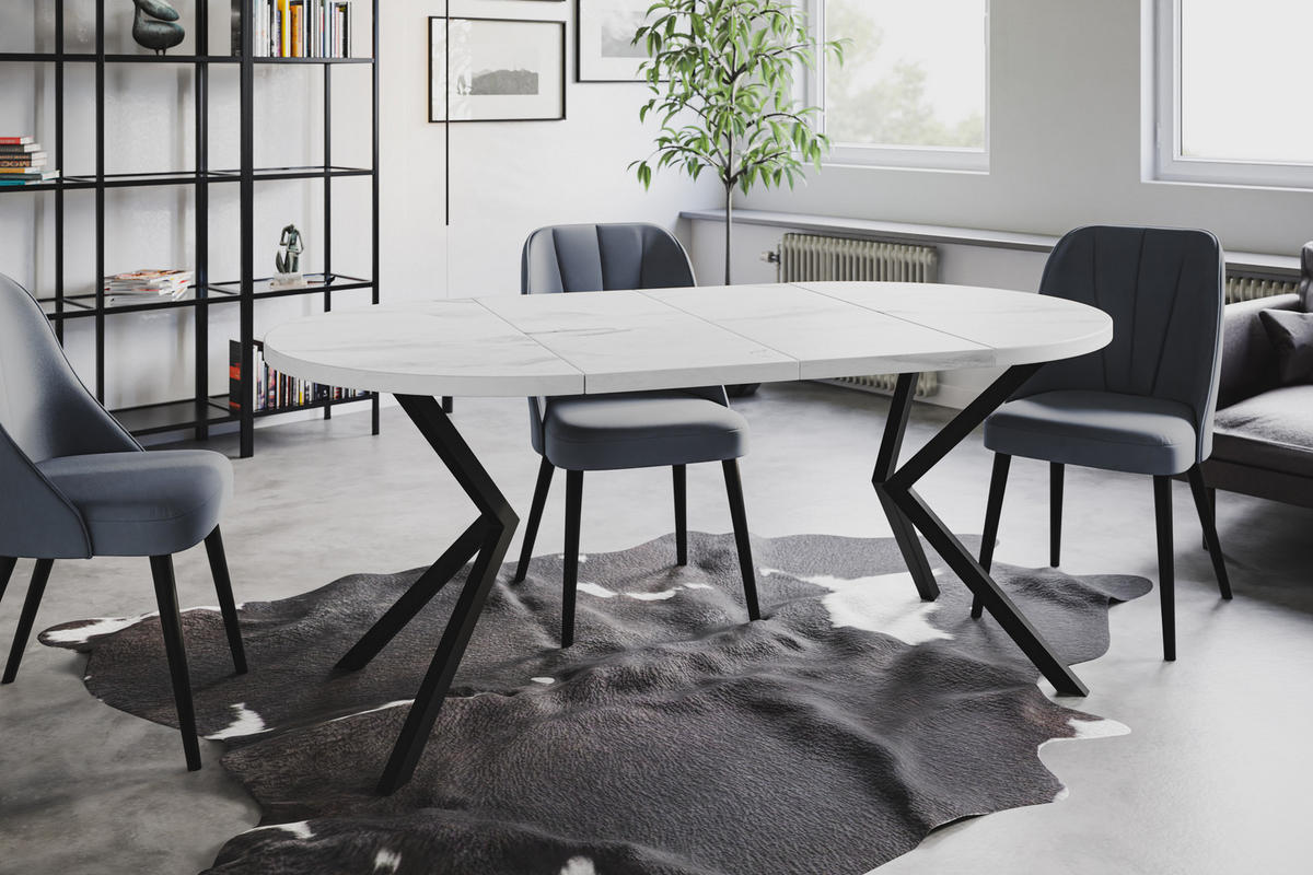 ESSZIMMERTISCH LOFT LITEN, ausziehbarer Tisch 120 cm/200 cm, Farbe: Marmur, mit Metallbeinen in Farbe Schwarz - Hellgrau/Schwarz, Holzwerkstoff (120/120/76cm) - Alpi-Möbel