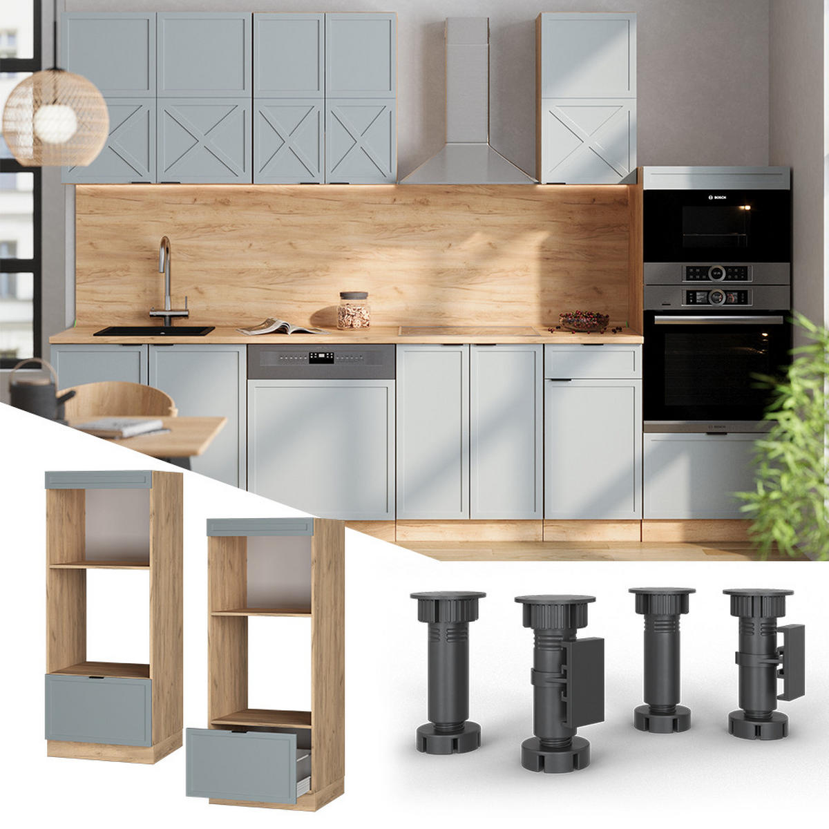 MIKROWELLENSCHRANK Fame-Line Hellblau-grau 60 cm offen - Honigeiche/Eiche Wotan, Holzwerkstoff (60/153.6/58.1cm) - Vicco