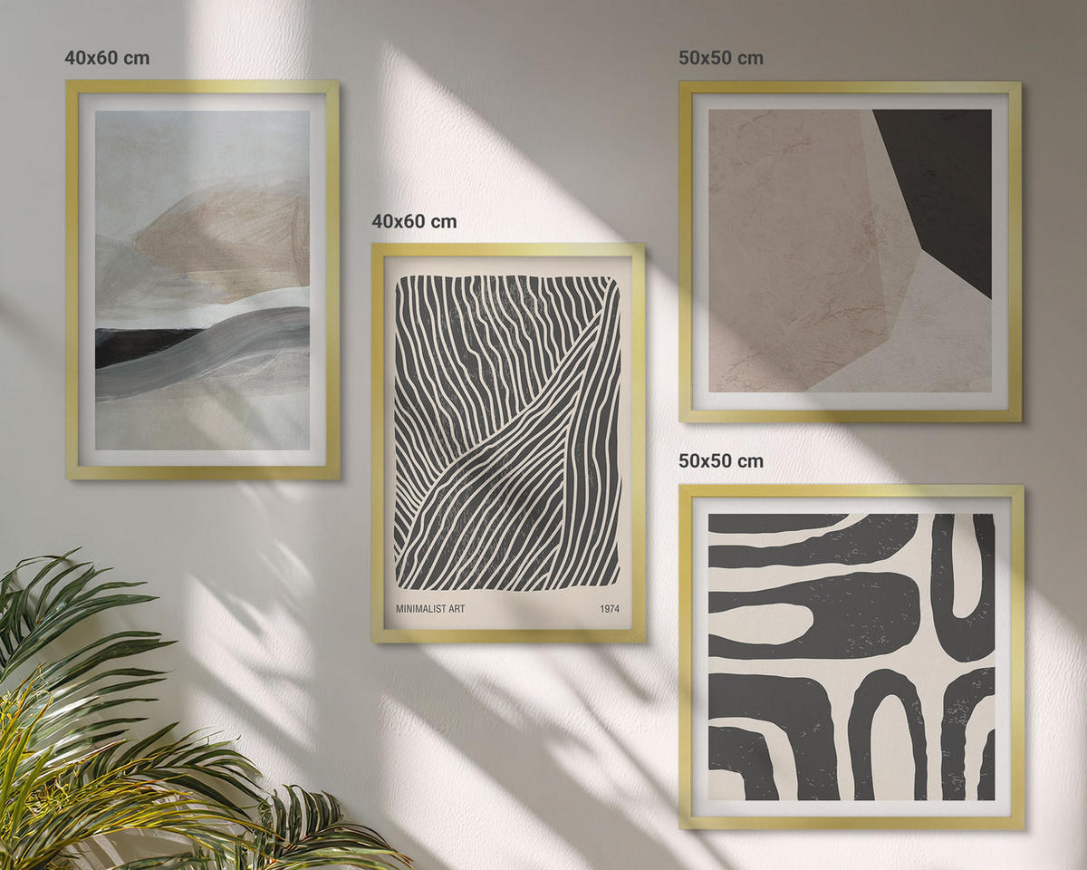 BILDER SET 4er Set - 50x50 cm & 40x60 cm Goldrahmen - Abstrakte Boho-Dekorationsmuster - Goldfarben, Kunststoff (50/50cm) - TULUP
