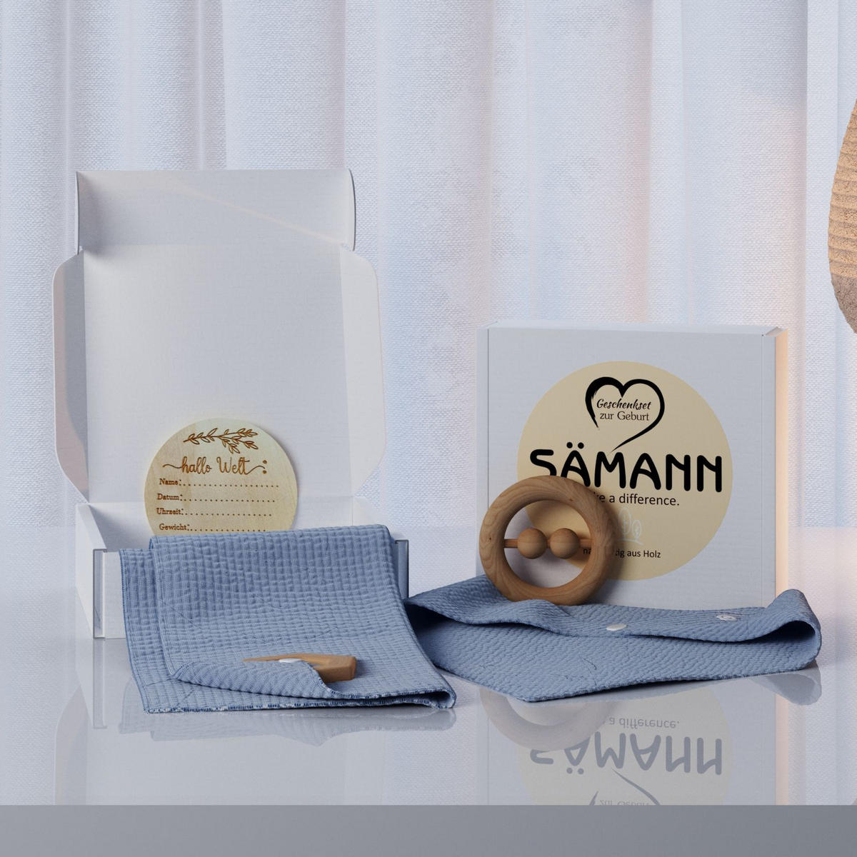 BABY Geschenkset 4-tlg. zur Geburt mit Halstuch, Rassel, Karte, Schmusetuch blau - Blau, Textil (10/10cm) - Sämann – make a difference.