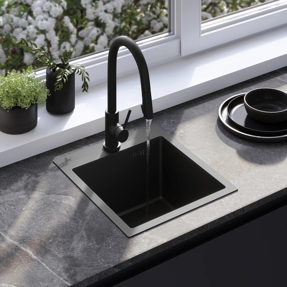 EDELSTAHLSPÜLE Rea Leo 40 Black mit Küchenarmatur - Schwarz, Metall (45/18.5/40cm) - REA