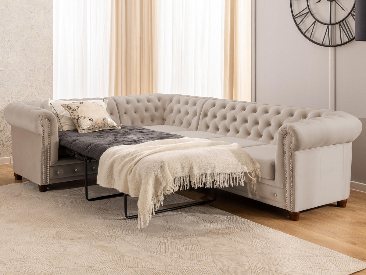 ECKSOFA mit Schlaffunktion Chesterfield Beige Samt mit Kristallsteppung und braunen Massivholzfüßen - Ottomane Links - Beige/Braun, Holz/Textil (264/210cm) - S-Style Möbel