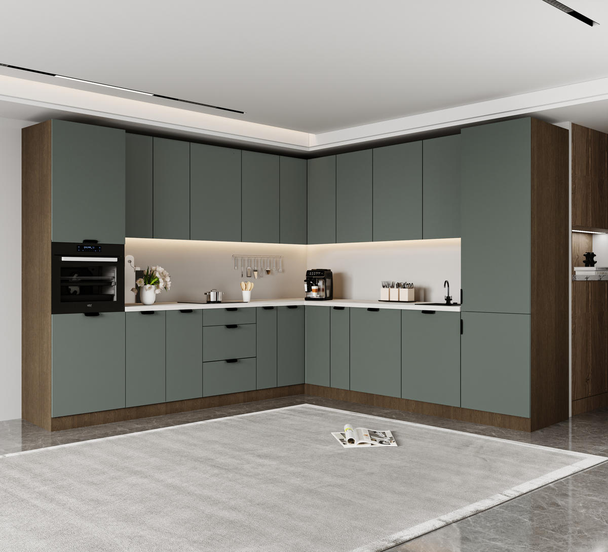 WINKELKÜCHE 345 x 285 cm - Sorento KS12-M345 - in Grün / Dunkle Eiche - Eichefarben/Schwarz, Holz/Metall (630/247/58cm)