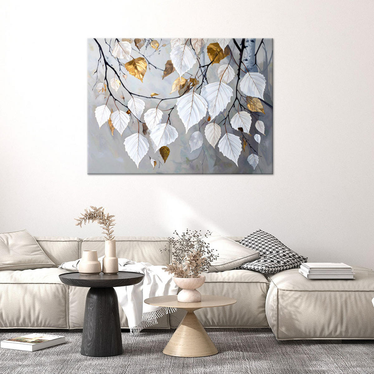 BILDER, Birkenblätter weiß-grau - Weiß, Textil (90/60cm) - Feeby