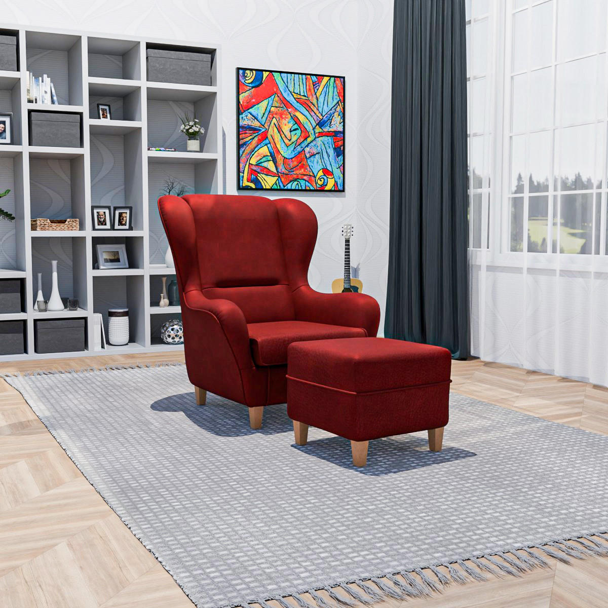 OHRENSESSEL Sofia Relaxsessel mit Hocker | Design Kunstleder Milano Rot - Kirschbaumfarben, Textil (92/68/95cm) - Supellex