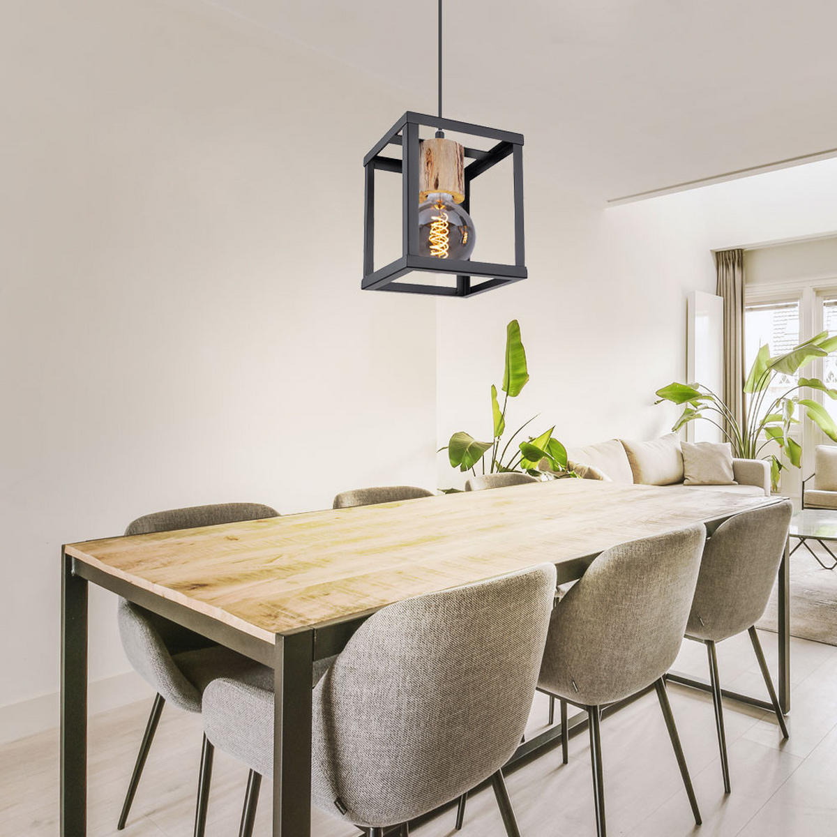 HÄNGELEUCHTE Metall Schwarz Industrial - Schwarz, Holz (17/17/120cm)