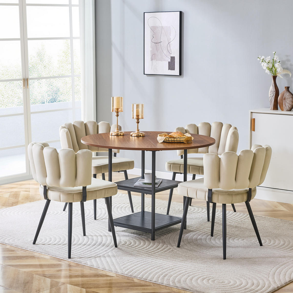 ESSGRUPPE DE-39440 5-teilig, mit doppelter Ablage und 4 Stühlen Hellbraun - Hellbraun, Holzwerkstoff (107/75/107cm) - ComfortXL