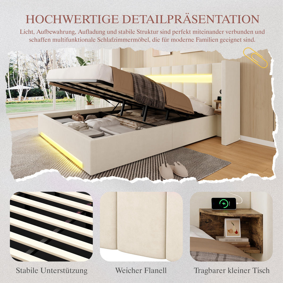 POLSTERBETT 180/200 cm Beige mit 2 USB und LED-Licht - Beige, Textil (180/200cm) - Oxeza