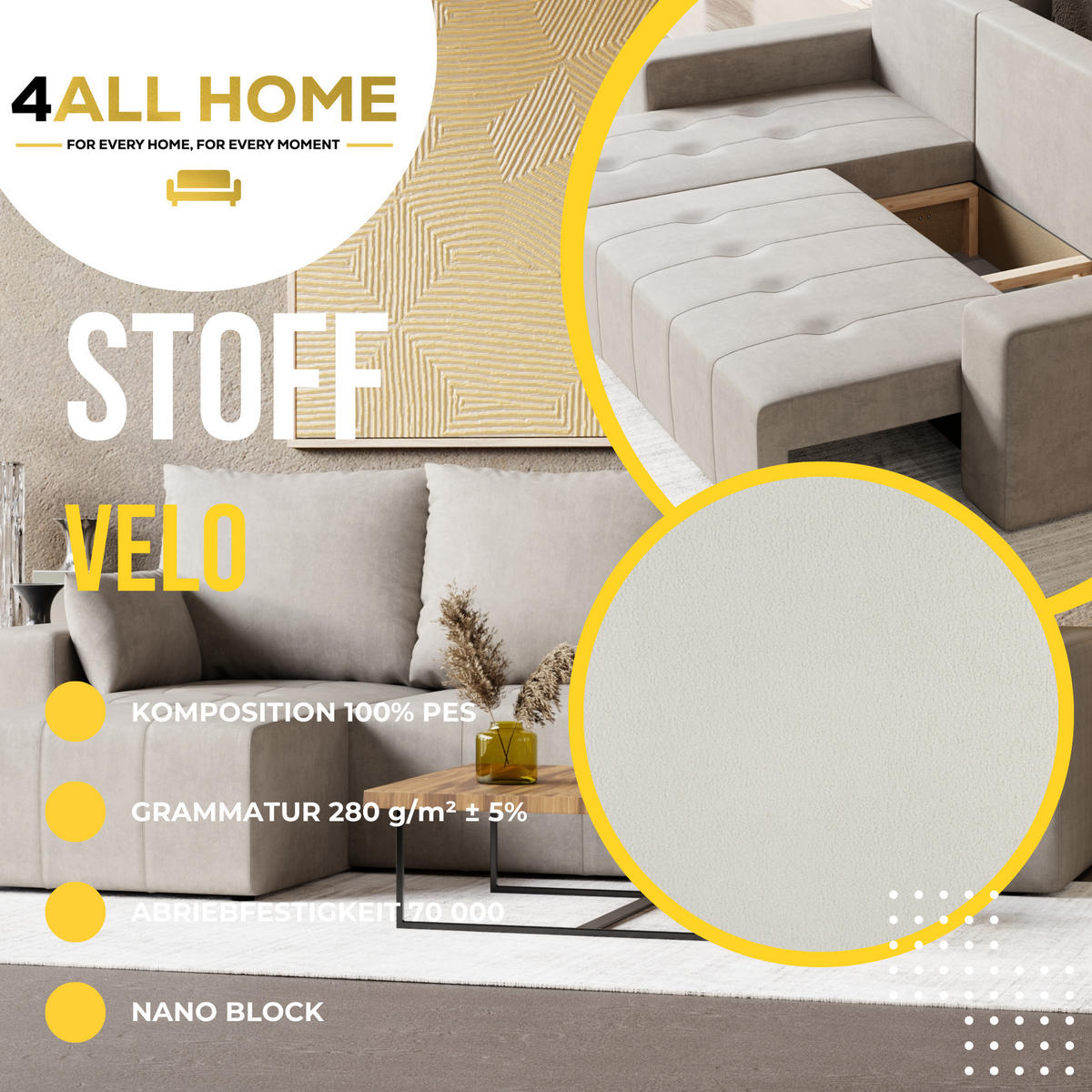 ECKSOFA Tico mit Bettkasten und Schlaffunktion, L-Form/XL-Form, Velourstoff, Universal - Weiß, Holzwerkstoff (246/145cm) - 4ALL HOME