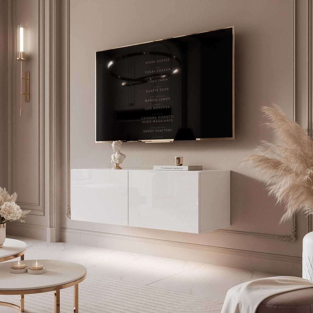 TV-LOWBOARD weiß hochglanz, hängend mit LED-Beleuchtung - Weiß Hochglanz, Holzwerkstoff (100/36/40cm) - Idohome