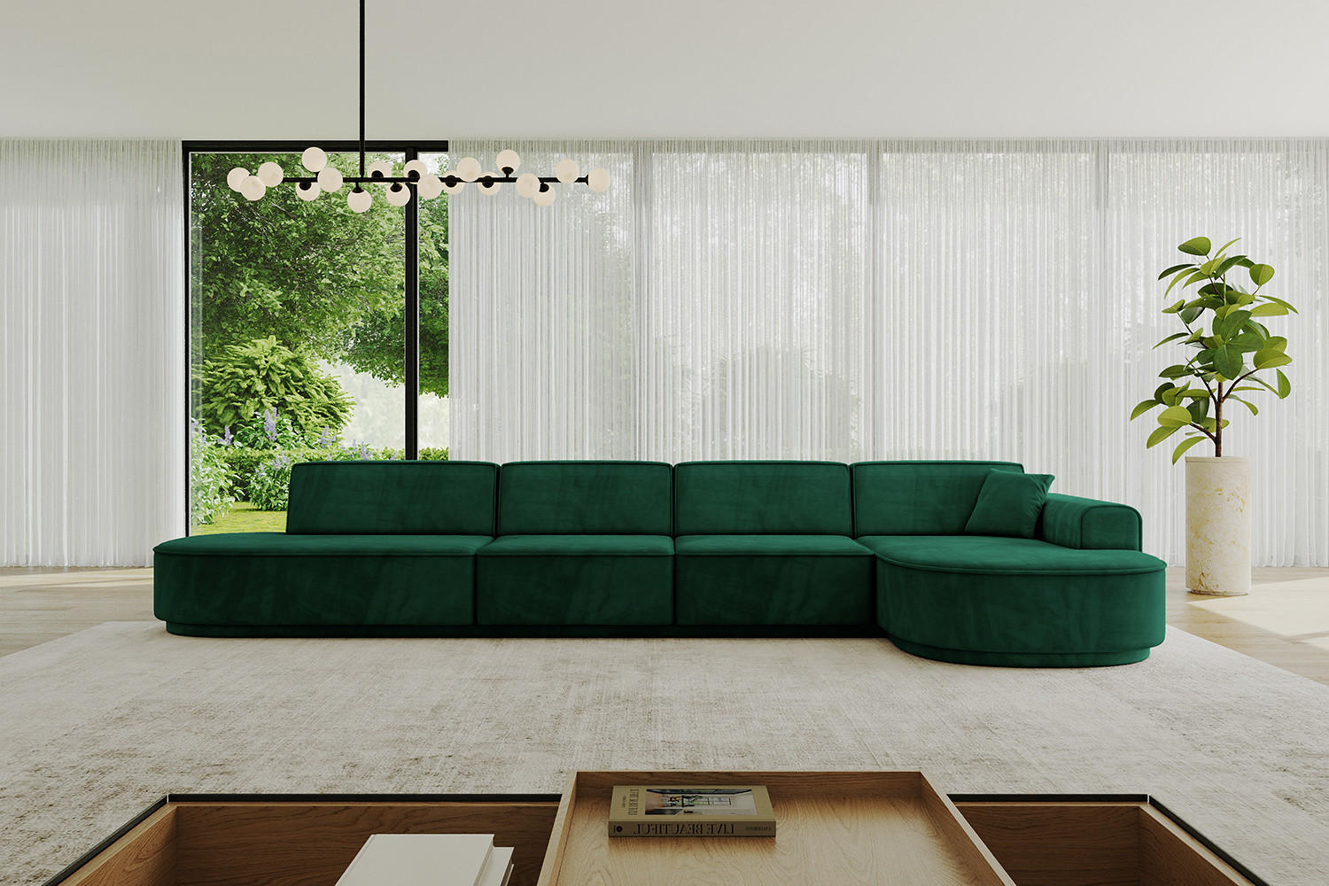 ECKSOFA Ottomane Rechts MARI-L3-v3 - 413x171x83 cm Grün Velours - Schwarz/Grün, Holzwerkstoff/Kunststoff (171/413cm) - ALTDECOR