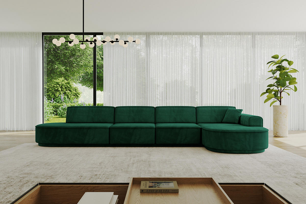 ECKSOFA Ottomane Rechts MARI-L3-v3 - 413x171x83 cm Grün Velours - Schwarz/Grün, Holzwerkstoff/Kunststoff (171/413cm) - ALTDECOR