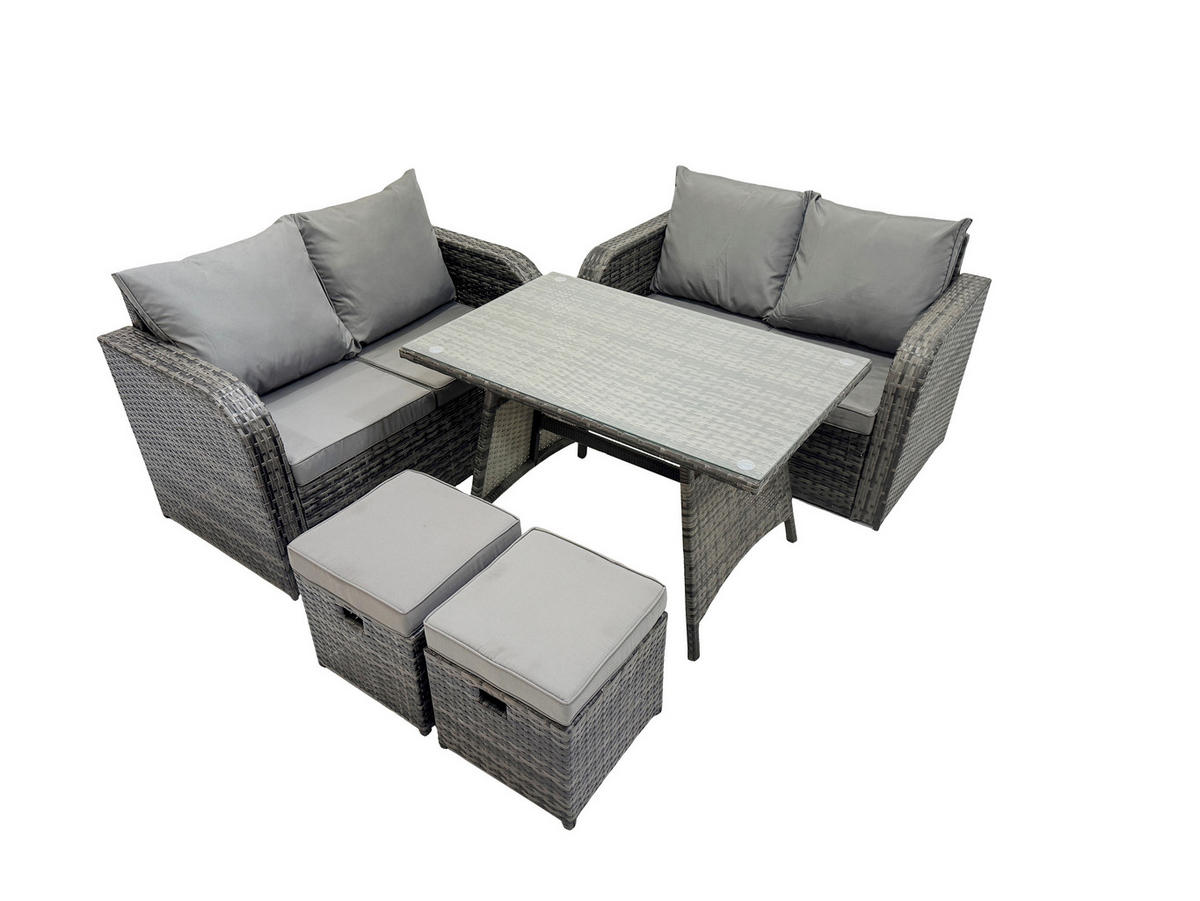 LOUNGESOFA SET mit 2 Hocker Polyrattan 6-Sitzer - Dunkelgrau/Grau, Glas/Kunststoff - Fimous