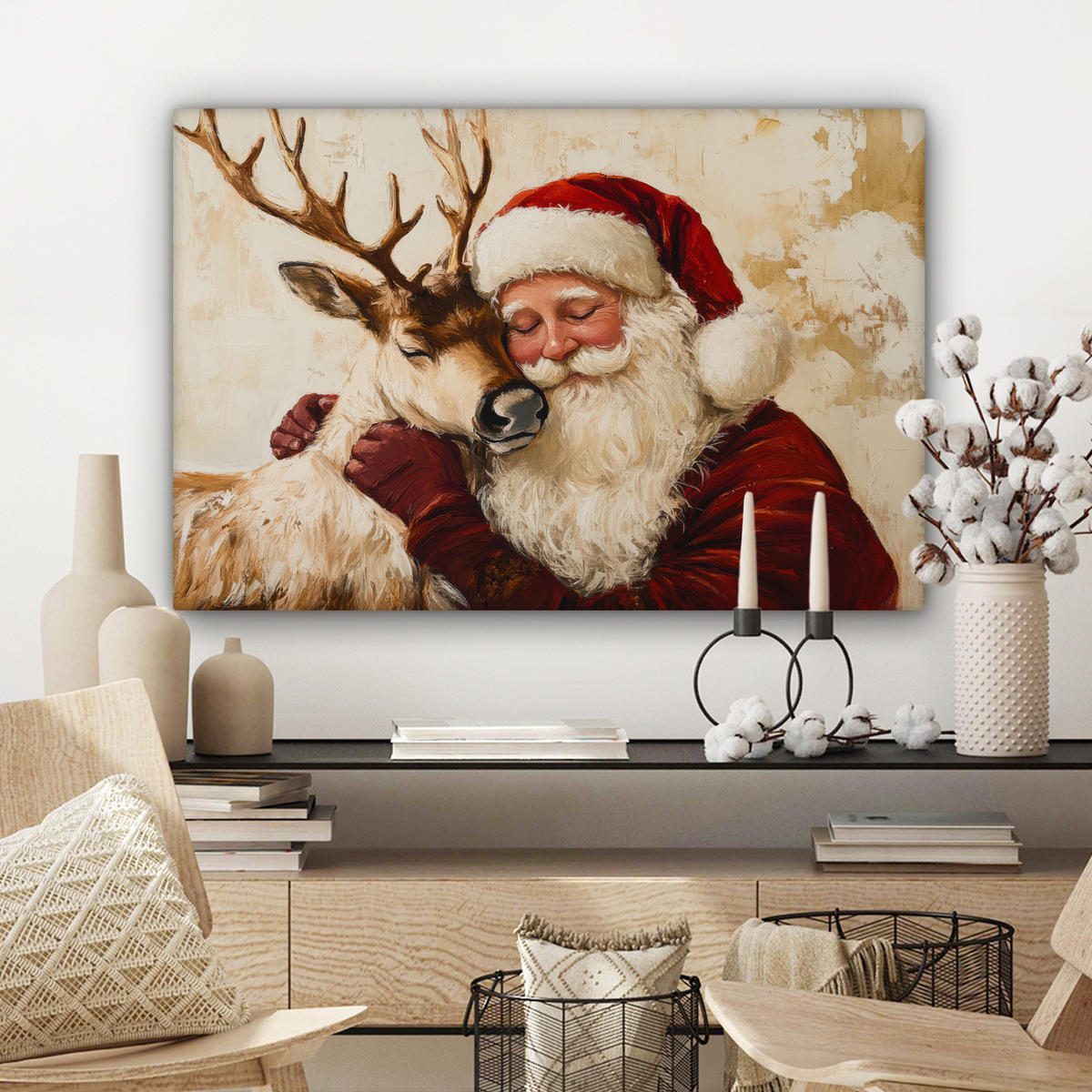 LEINWANDBILD Weihnachtsmann - Rentier - Weihnachten Wanddeko 90x60 cm - Rotbraun, Textil (90/60cm) - MuchoWow