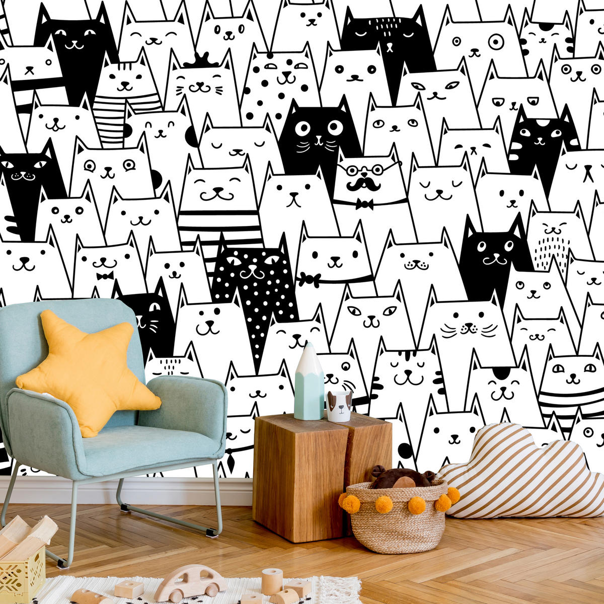 FOTOTAPETE für Kinderzimmer Schwarze Weiße Comic Katzen 350x256 - Schwarz/Weiß, Papier (350/256cm) - Muralo