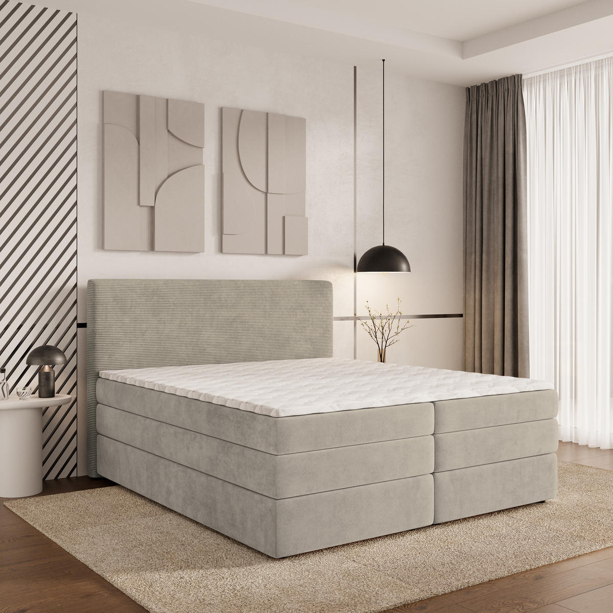 BOXSPRINGBETT MATERN 140x200 cm mit Matratze und Topper - Beige - Beige, Holz (140/200cm) - MASSENO