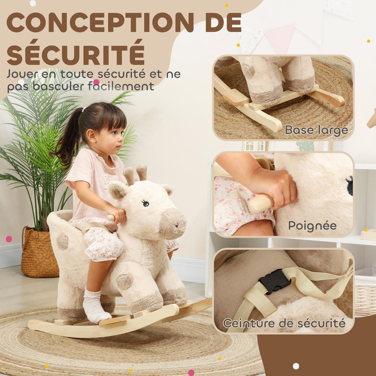 SCHAUKELPFERD DE-18247 Giraffe mit Sound & Sicherheitsgurt Beige - Beige, Holz (35/50/68cm) - ComfortXL