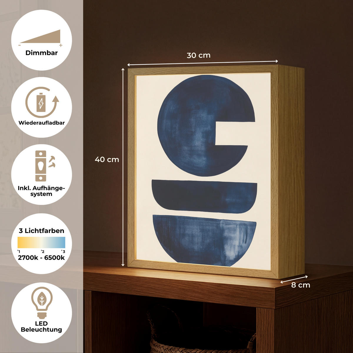 WANDLEUCHTE MIT AKKU Formen - Blau - Abstrakt 30x40 cm - Dunkelblau, Holzwerkstoff (30/40/8cm) - OnlyWow