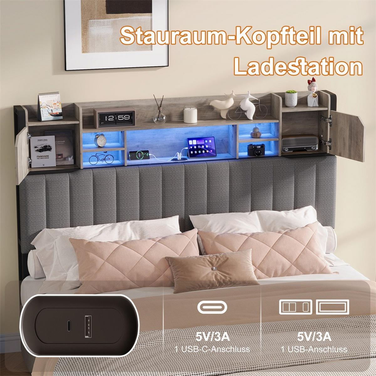 POLSTERBETT 140x190cm - Doppelbett 140x190cm mit Schubladen - RGB-LED-Beleuchtung - ohne Matratze - Grau - Grau, Textil (140/190cm) - DELFA