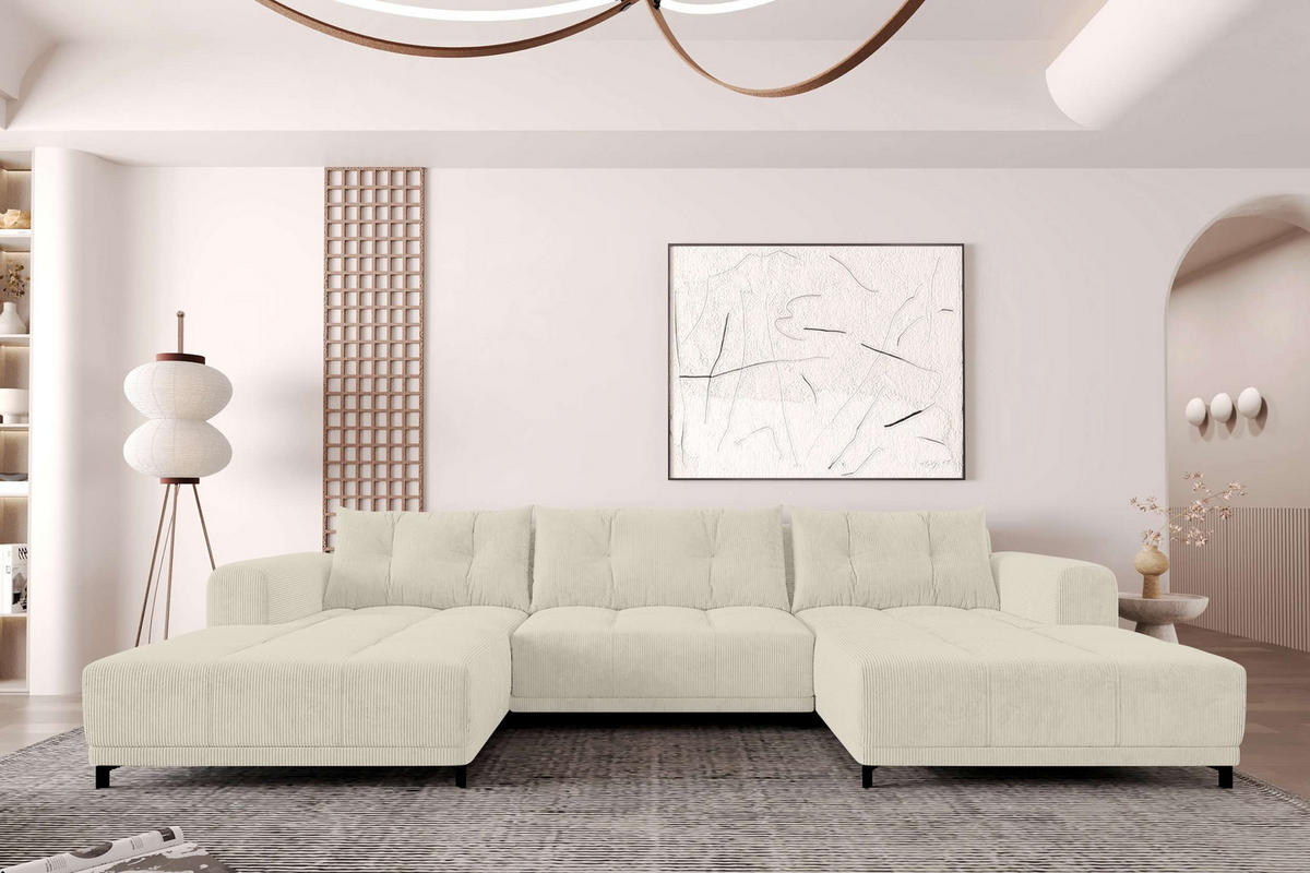 WOHNLANDSCHAFT Massimo Cordstoff Creme inkl. Schlaffunktion - Creme/Schwarz, Textil/Metall (356/94/181cm) - 99rooms