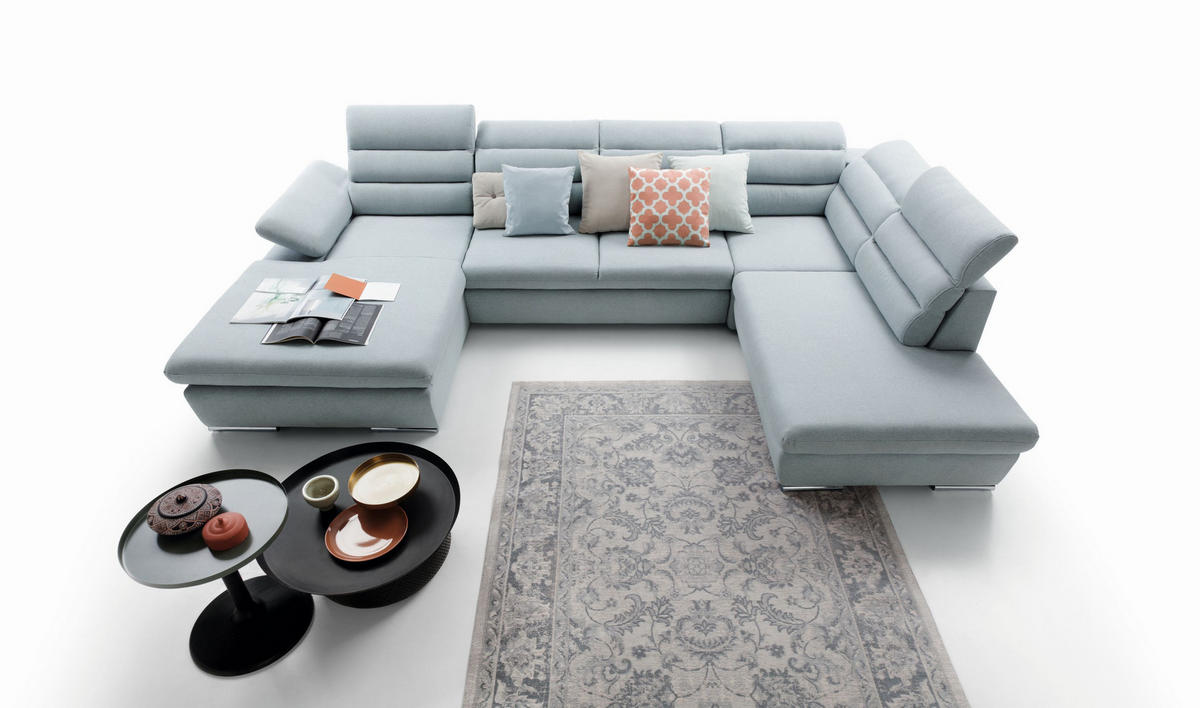 WOHNLANDSCHAFT RISO Blau Velours-Stoff mit Schlaffunktion - Blau, Holz (356/100/230cm) - MASSENO