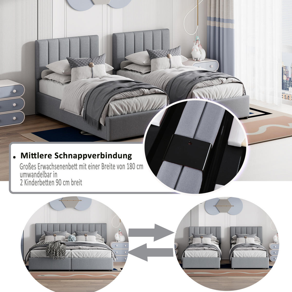POLSTERBETT 180/200 cm grau aus Leinenstoff mit Stauraum - Grau, Textil (180/200cm) - OKMYHOME