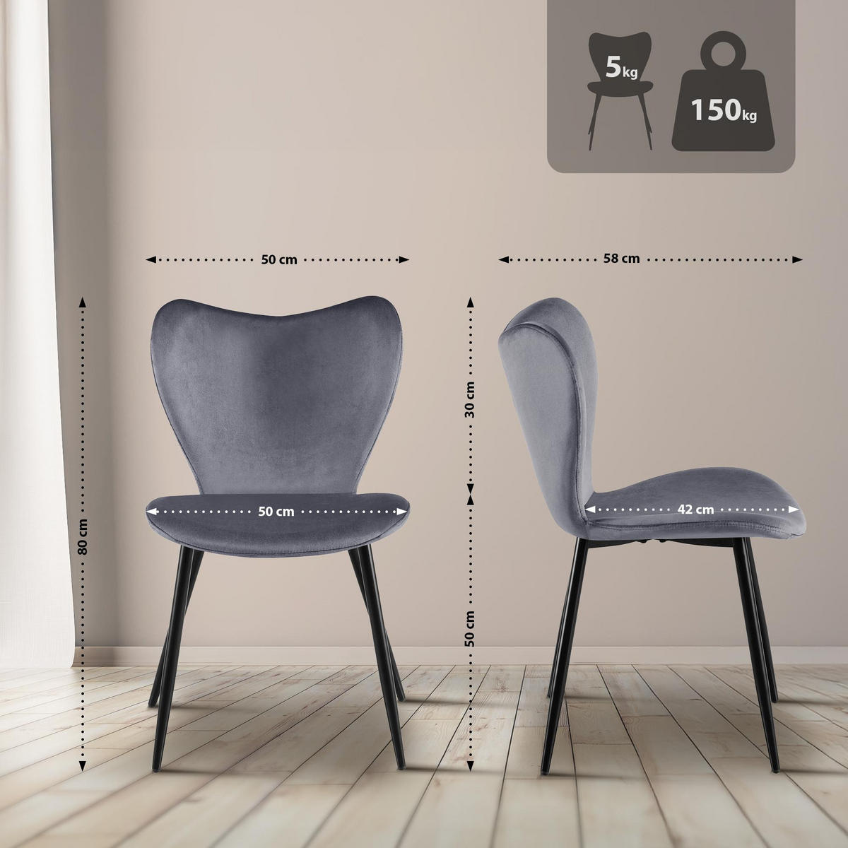 ESSZIMMERSTUHL Samt Dunkelgrau - Dunkelgrau/Schwarz, Textil/Metall (50/80/58cm) - CLP