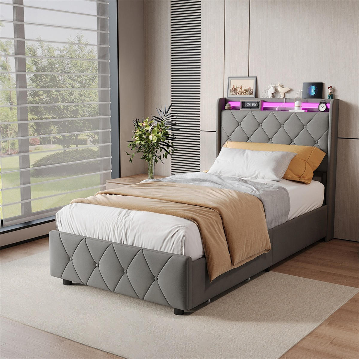 POLSTERBETT 90x200 cm mit 2 Schubladen & LED-Beleuchtung - USB-Anschlüsse - ohne Matratze - Grau - Grau, Textil (90/200cm) - DELFA