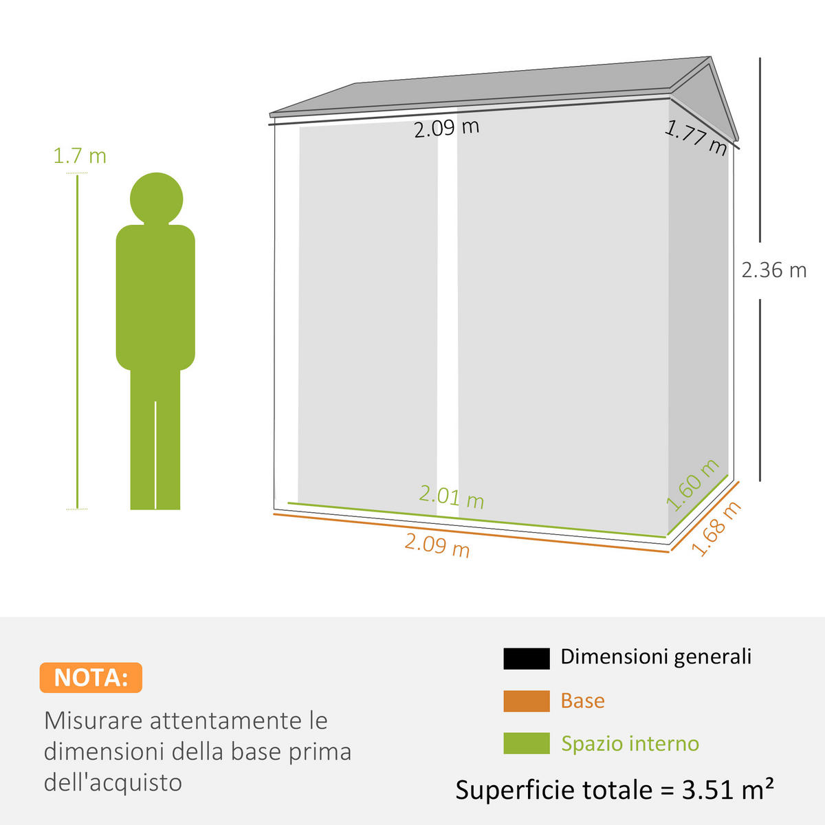 GARTENHAUS aus Stahl, 3, 51 m² hoch, mit Belüftung und abschließbarer Tür,209 x 177 x 236 cm, silber - Grau, Metall (177/236/209cm) - Vallsero