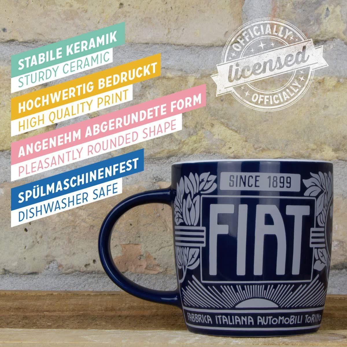 KAFFEETASSE 330 ml Fiat Fiat Since 1899 Logo Blue - Multicolor, Keramik (0.33L) - Nostalgic-Art