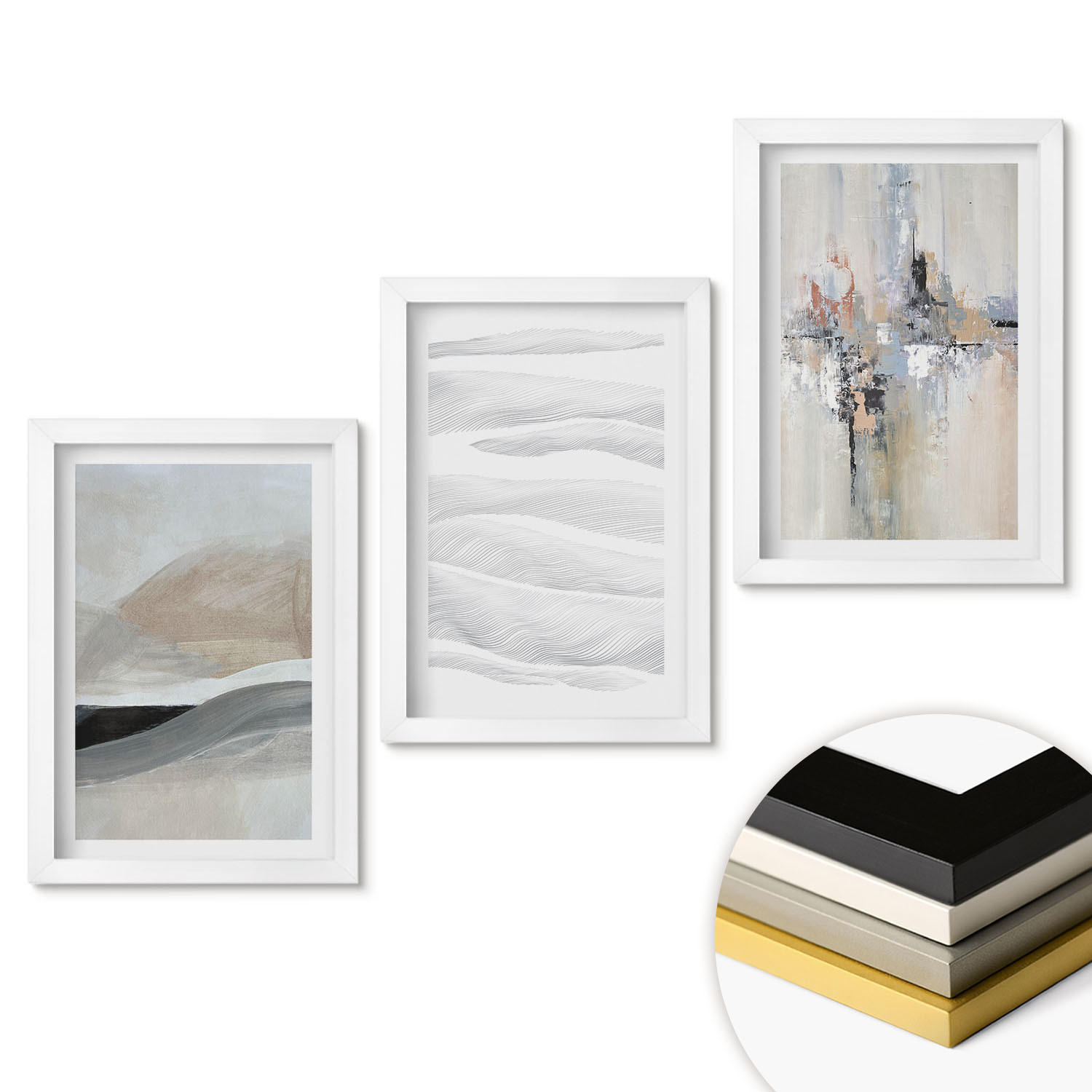 WANDBILDER 3er-Set - 20x30 cm Weißer Rahmen - Abstrakte Erdmuster - Weiß, Kunststoff (20/30cm) - ArtPrintCave
