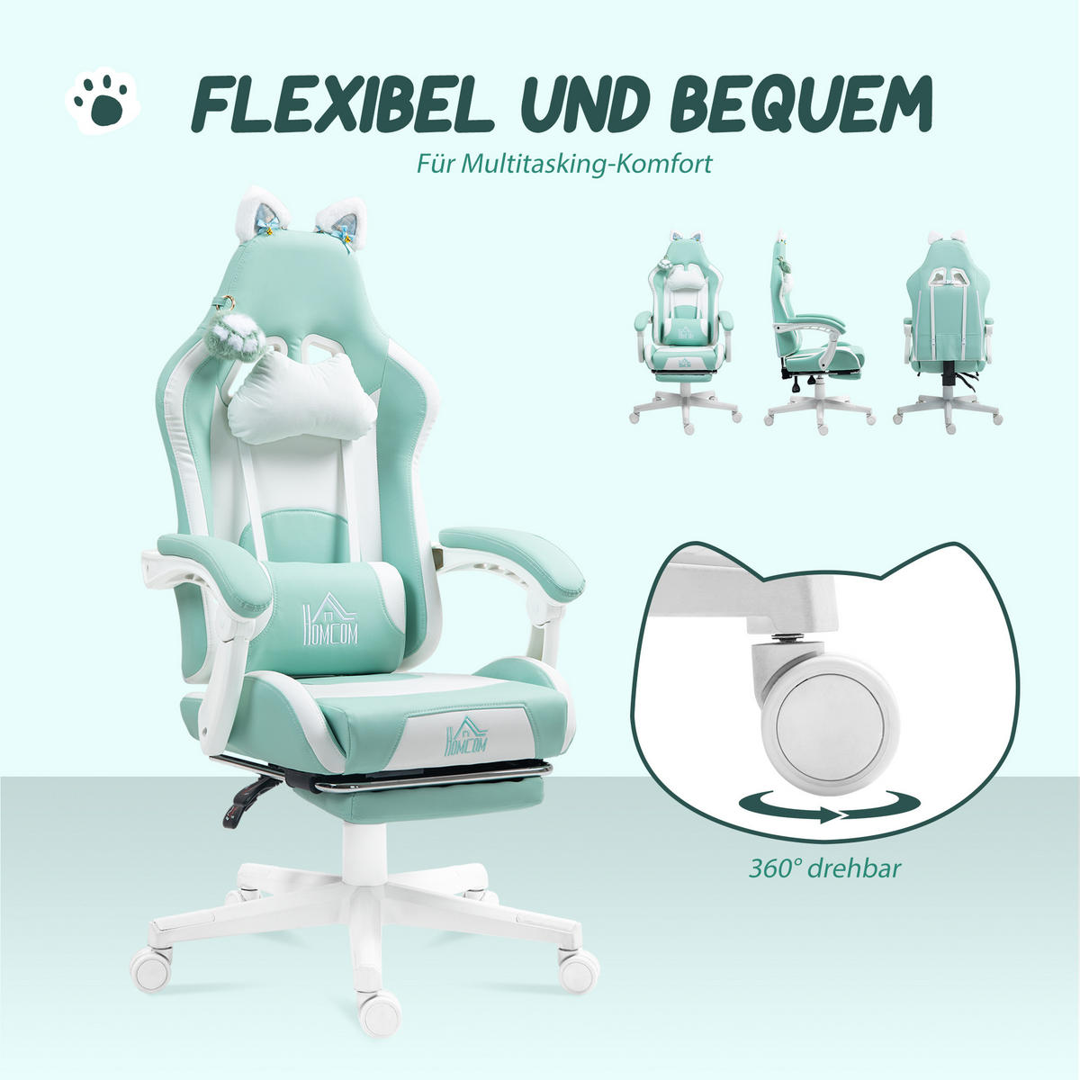 GAMING-SESSEL mit Katzenohren, neigbare Lehne, ausziehbare Fußstütze, bis 120 kg belastbar, Tiffanyblau - Hellblau, Leder (62/124/65cm)
